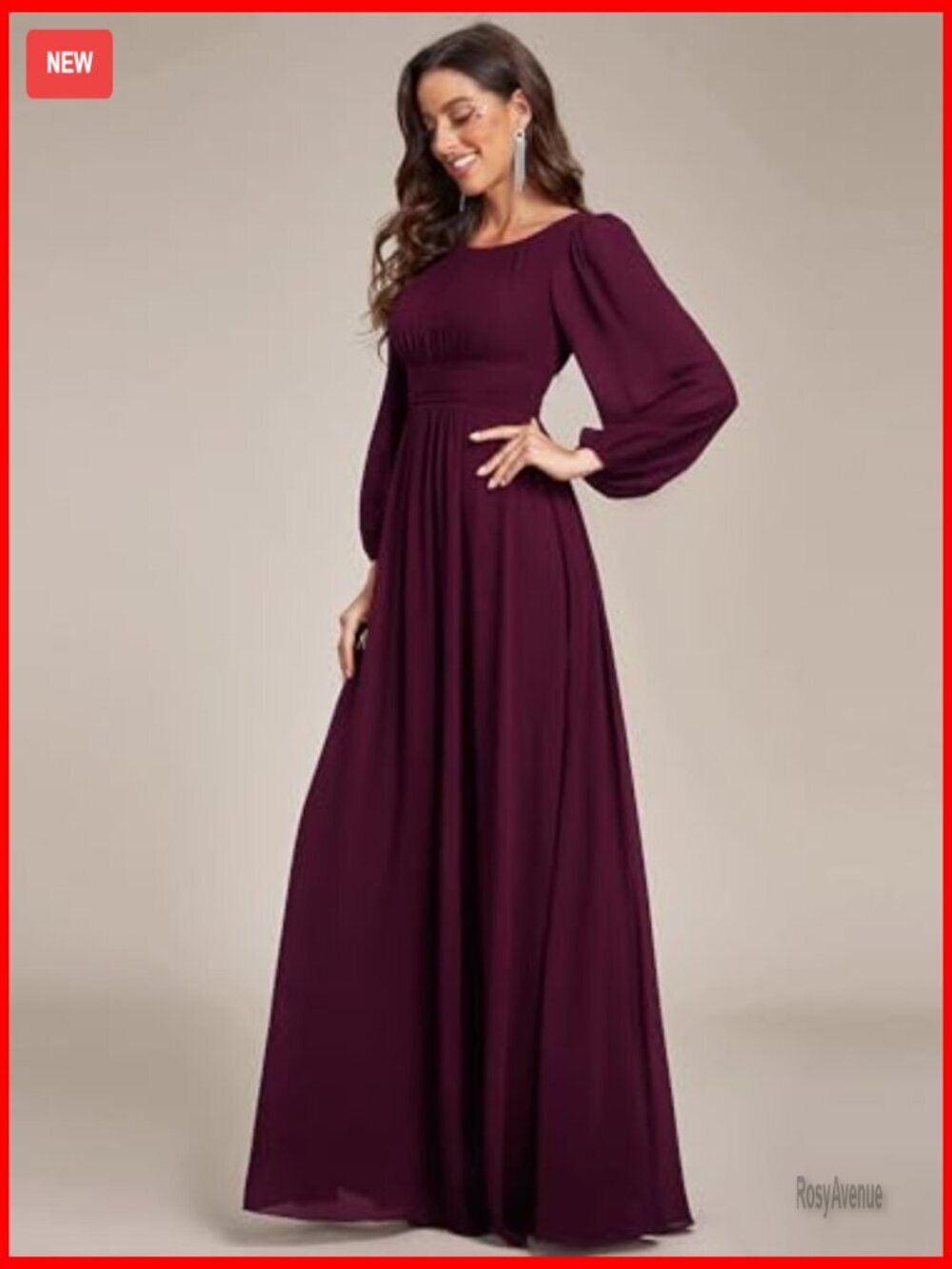 Floor Length Formal Dress Long Sleeve Chiffon A-Line Pleated Evening Gown - Picture 3 of 7